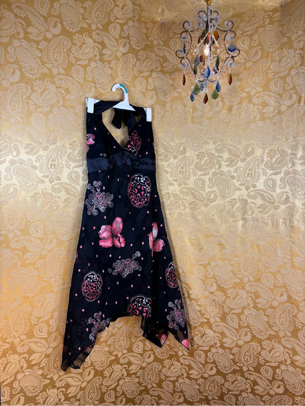 ✨Vintage Y2K Boho Black & Pink Multiprint Asymmetrical Fairy Dress✨
